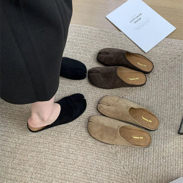 Xajzpa Women Split Toe Fur Slippers Tabi Ninja Slip On Flats Round Toe Shallow Lazy Boat Slingback Mules Shoes Soft Warm Loafe